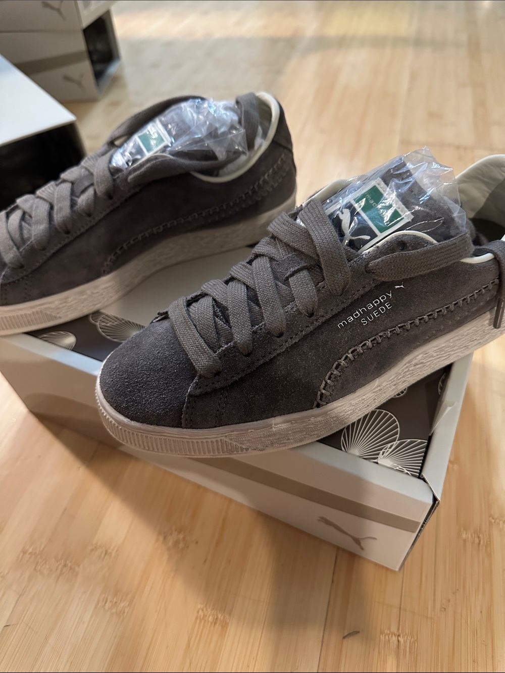 Puma Suede "Made Happy" Gray Suede Sneakers